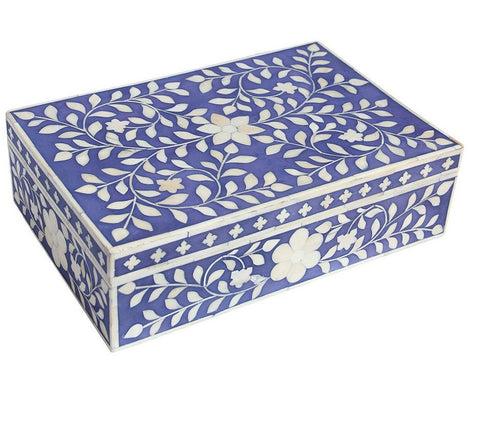 Bone Inlay Box Floral Design Light Indigo