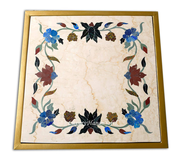 Italian Marble Side Table With Floral Gemstone Inlay