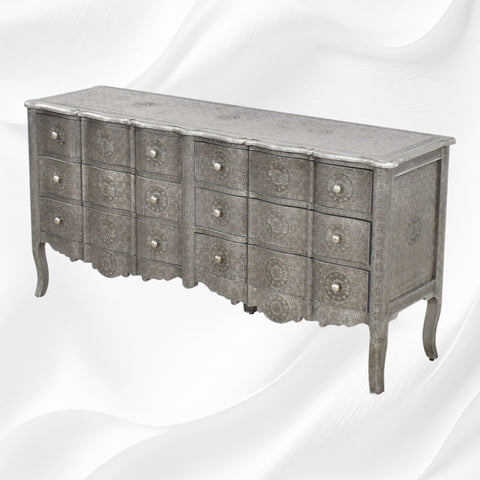 Jaden Antique Silver Metal Embossed 6 Drawer Chest 4