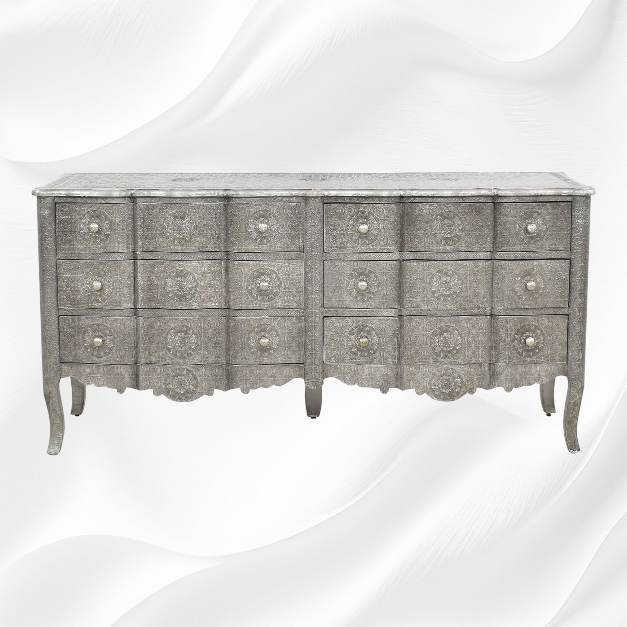 Jaden Antique Silver Metal Embossed 6 Drawer Chest 8