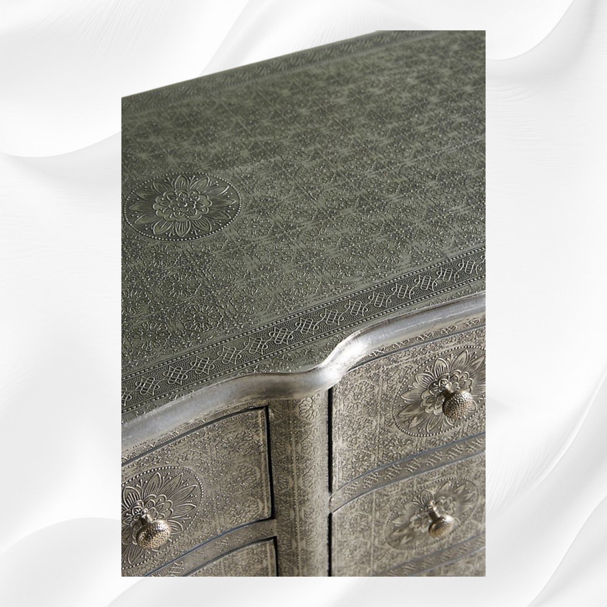 Jaden Antique Silver Metal Embossed 6 Drawer Chest 7