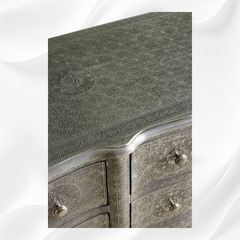 Jaden Antique Silver Metal Embossed 6 Drawer Chest 7