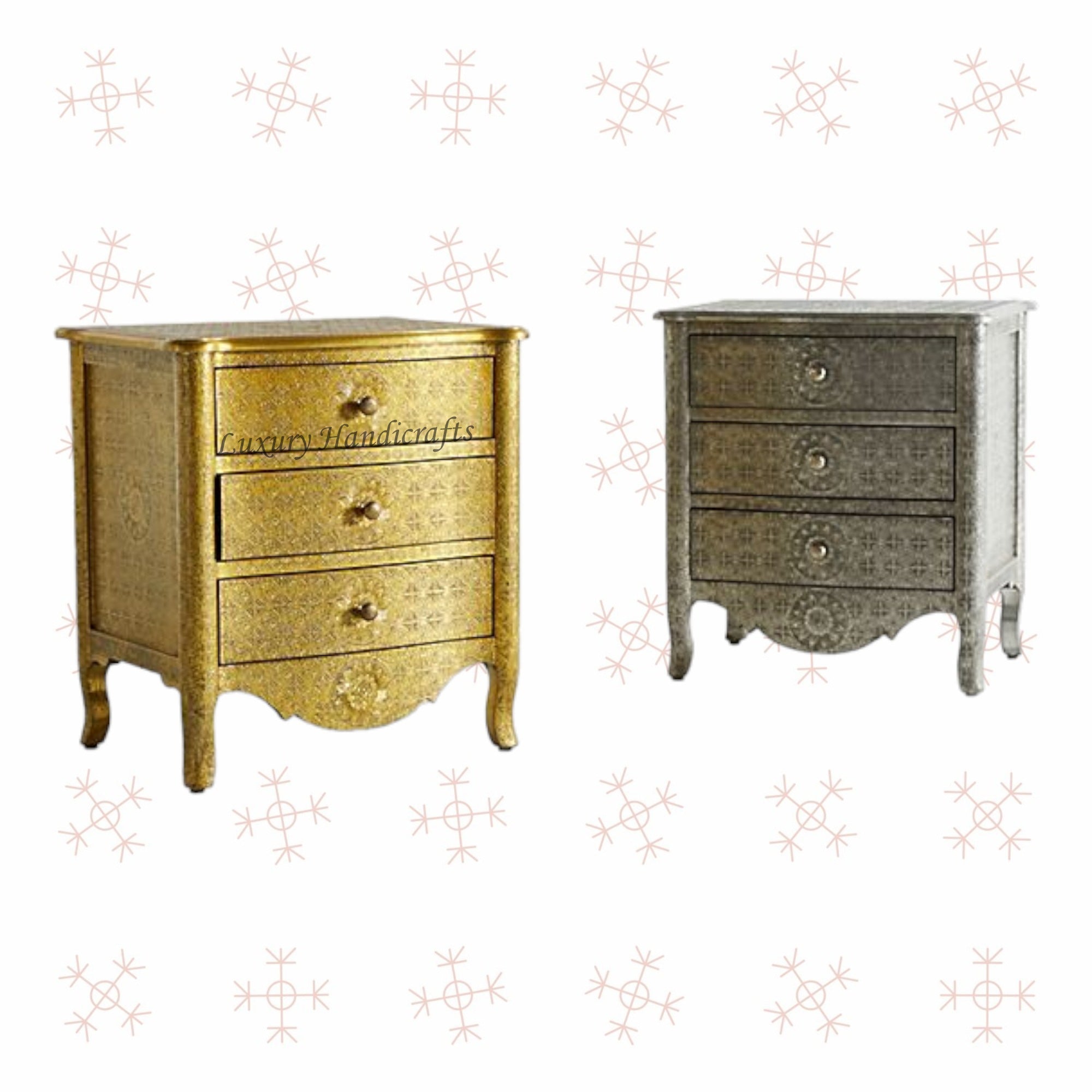 Jaden Antique White Metal Embossed 3 Drawer Bedside 6