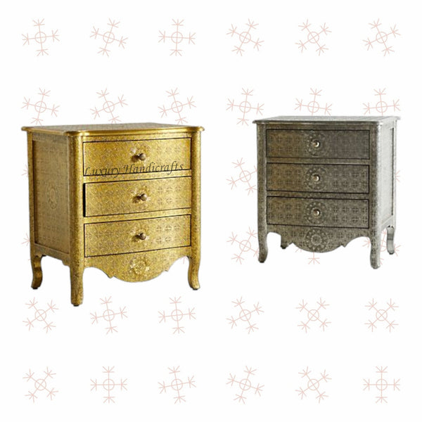 Jaden Antique White Metal Embossed 3 Drawer Bedside 6