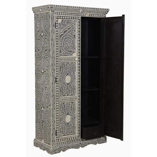 Jharokha Bone Inlay Floral Almirah Grey