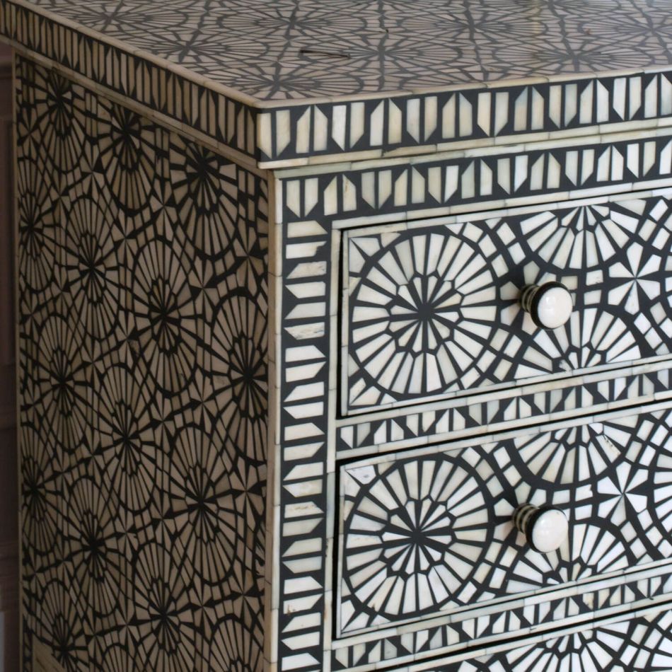 Kaleidoscope Bone Inlay Chest of 3 Drawers Black 2