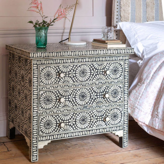 Kaleidoscope Bone Inlay Chest of 3 Drawers Black 1