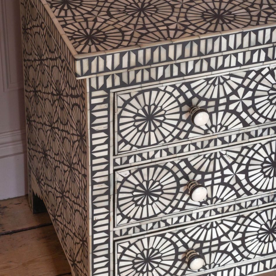 Kaleidoscope Bone Inlay Chest of 3 Drawers Black 3