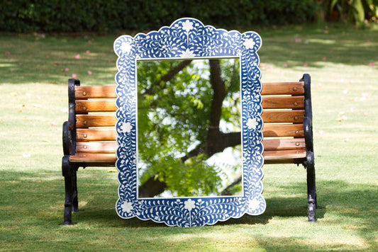 Bone Inlay Floral Scalloped Mirror Blue