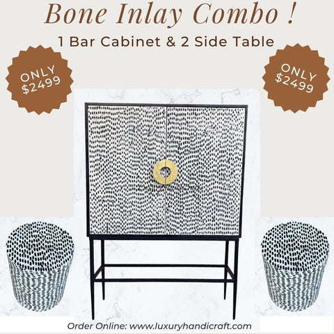 FUSION Bone Inlay Bar Cabinet and Side Table Combo
