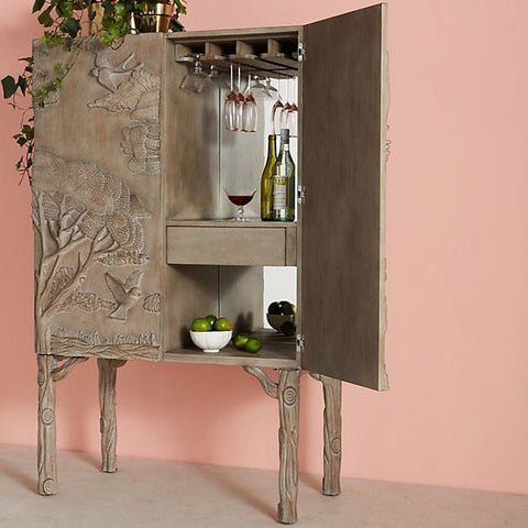 Handcarved Land and Sky Bar Cabinet