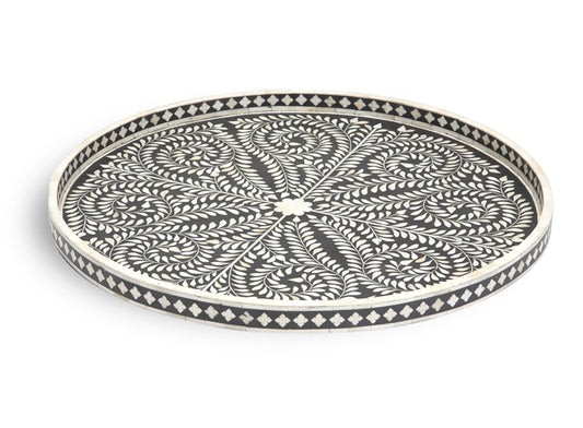 Large Round Bone Inlaid Tray Floral Design
