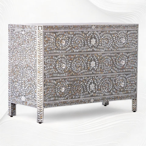 MOP Inlay Edge Floral 3 Drawer Dresser Dark Grey