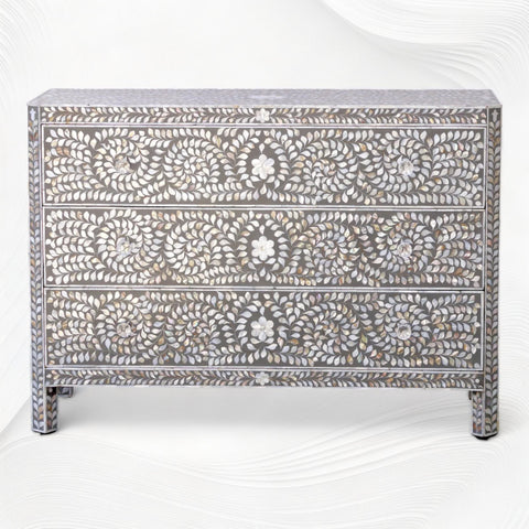 MOP Inlay Edge Floral 3 Drawer Dresser Dark Grey