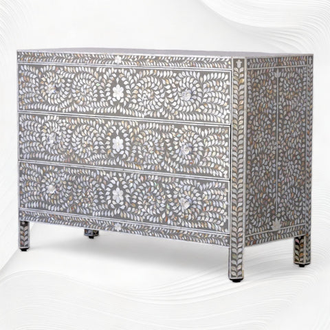 MOP Inlay Edge Floral 3 Drawer Dresser Dark Grey