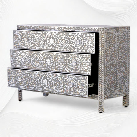 MOP Inlay Edge Floral 3 Drawer Dresser Dark Grey