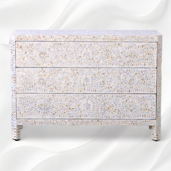 MOP Inlay Edge Floral 3 Drawer Dresser White