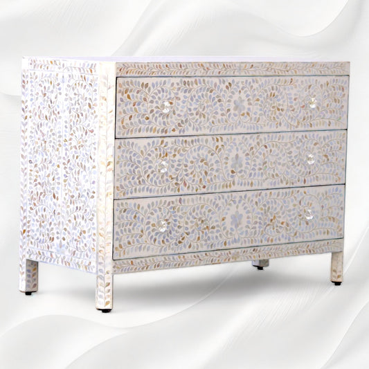 MOP Inlay Edge Floral 3 Drawer Dresser White