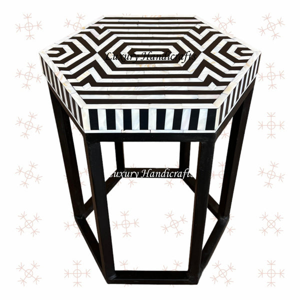 MOP Inlay Hexagonal Stripe Side Table Black