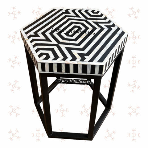 MOP Inlay Hexagonal Stripe Side Table Black