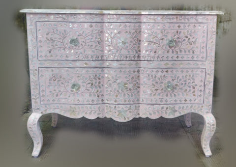 Mother Of Pearl Inlay Chest 2 Curved Drawer Floral Design Light Pink