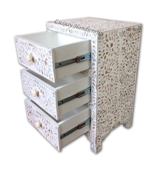 Mother Of Pearl Inlay 3 Drawer Bedside White