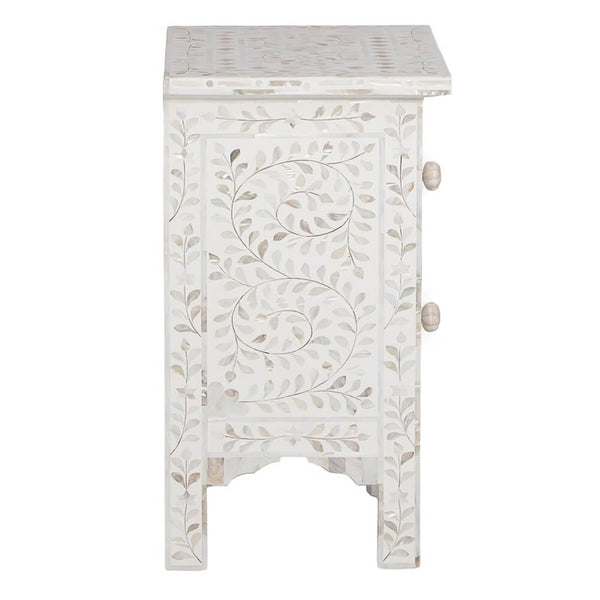 Mother Of Pearl Inlay Floral 2 Drawer Bedside White