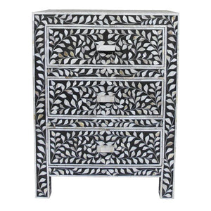 Mother Of Pearl Inlay Floral 3 Drawer Bedside Black