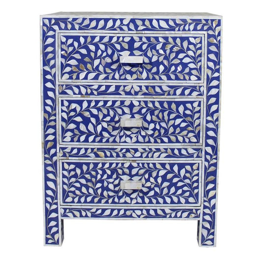 Mother Of Pearl Inlay Floral 3 Drawer Bedside Blue