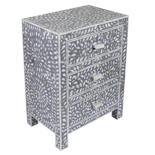 Mother Of Pearl Inlay Floral 3 Drawer Bedside Grey
