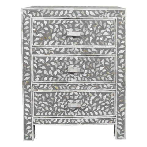 Mother Of Pearl Inlay Floral 3 Drawer Bedside Grey