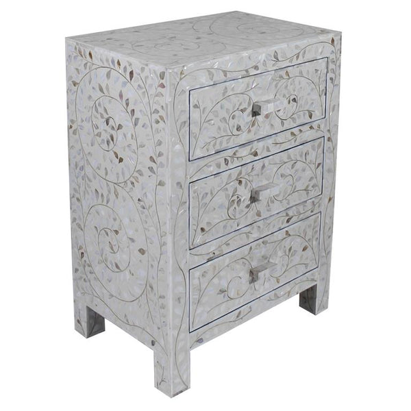 Mother Of Pearl Inlay Floral 3 Drawer Bedside Ivory