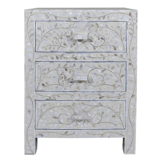 Mother Of Pearl Inlay Floral 3 Drawer Bedside Ivory