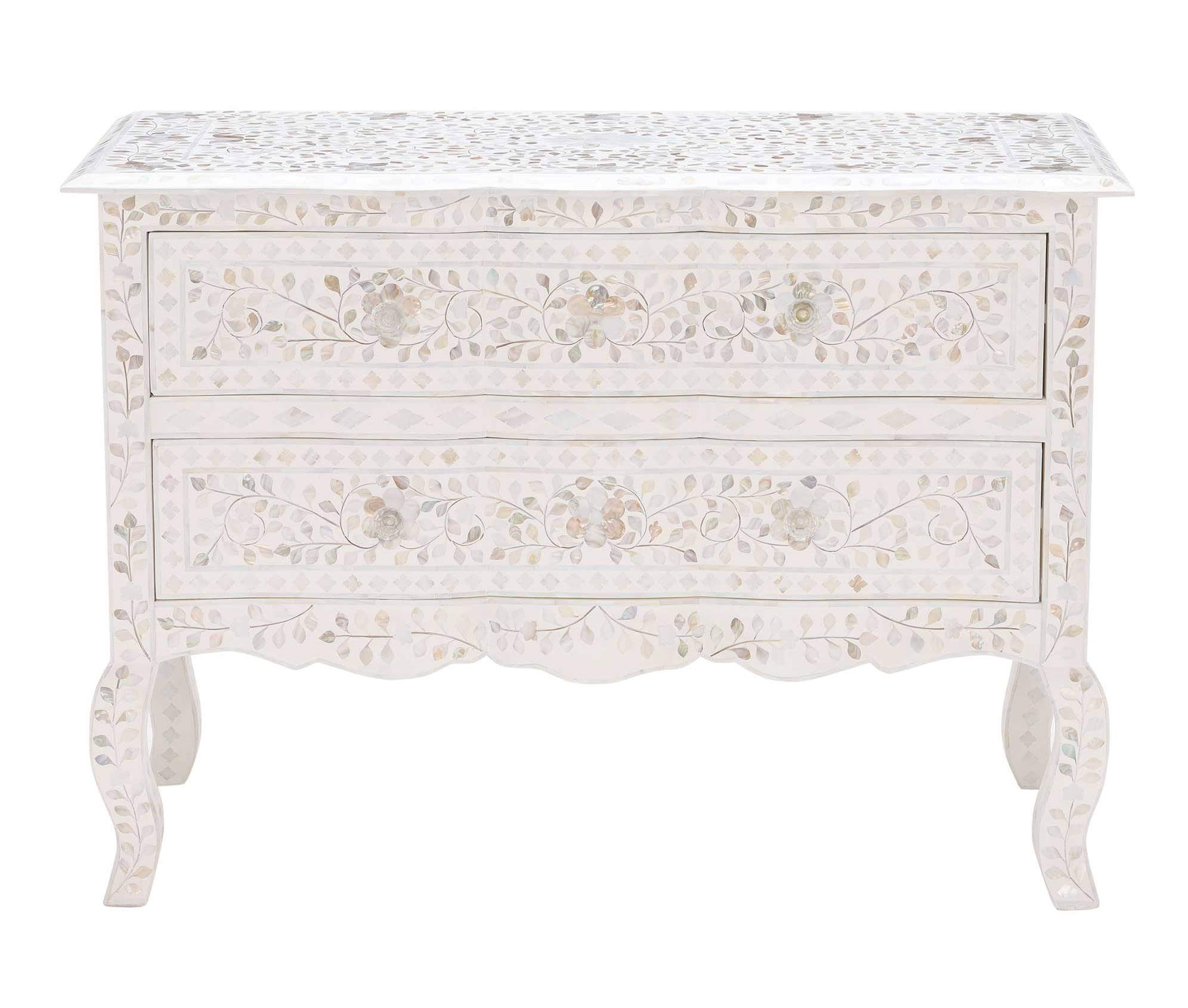 Mother Of Pearl Inlay Chest 2 Curved Drawer Floral Design White