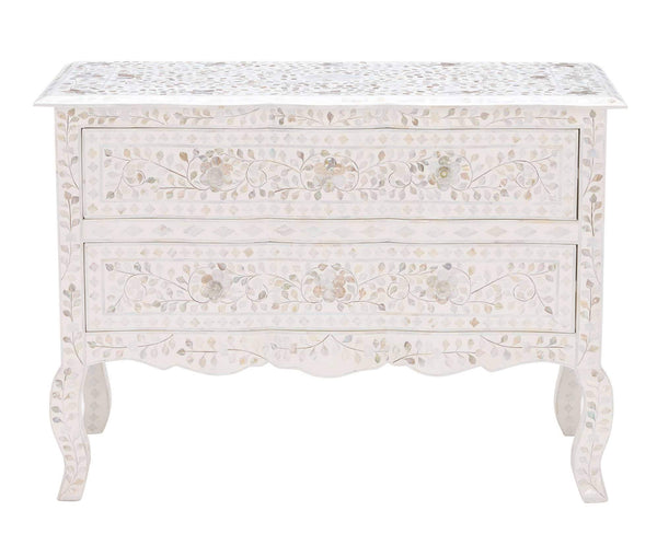 Mother Of Pearl Inlay Chest 2 Curved Drawer Floral Design White