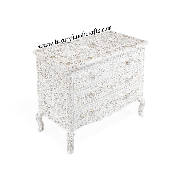 White Mother Of Pearl 4 Drawer Chest Curved Legs