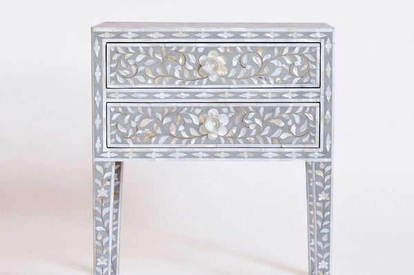 Mother Of Pearl 2 Drawer Bedside Table Long Leg Light Grey