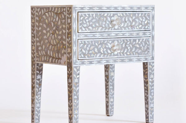 Mother Of Pearl 2 Drawer Bedside Table Long Leg Light Grey