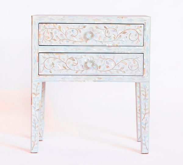 Mother Of Pearl 2 Drawer Bedside Table Long Leg White