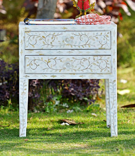 Mother Of Pearl 2 Drawer Bedside Table Long Leg White