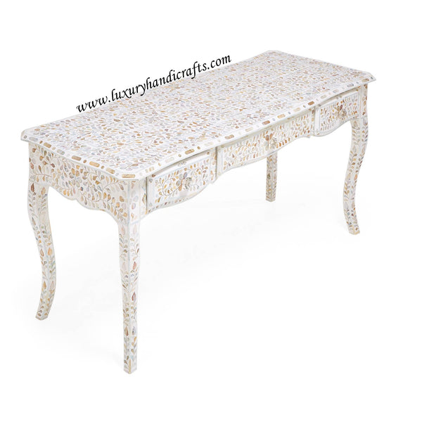 Mother Of Pearl Inlaid Long Curved Leg Desk White