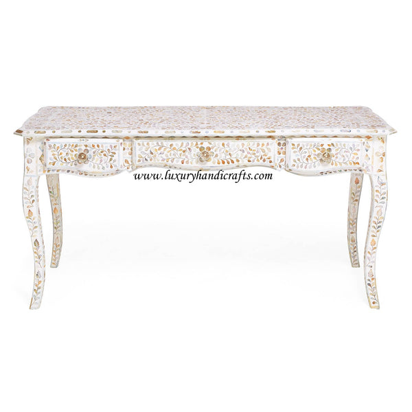 Mother Of Pearl Inlaid Long Curved Leg Desk White