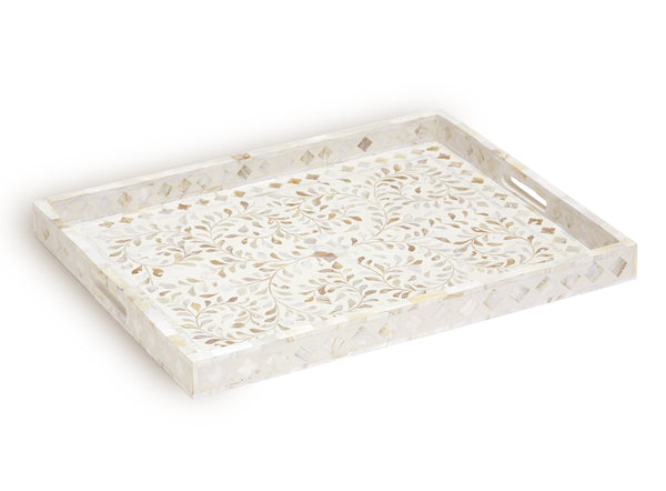 Mother Of Pearl Inlay Floral Rectangular Tray White