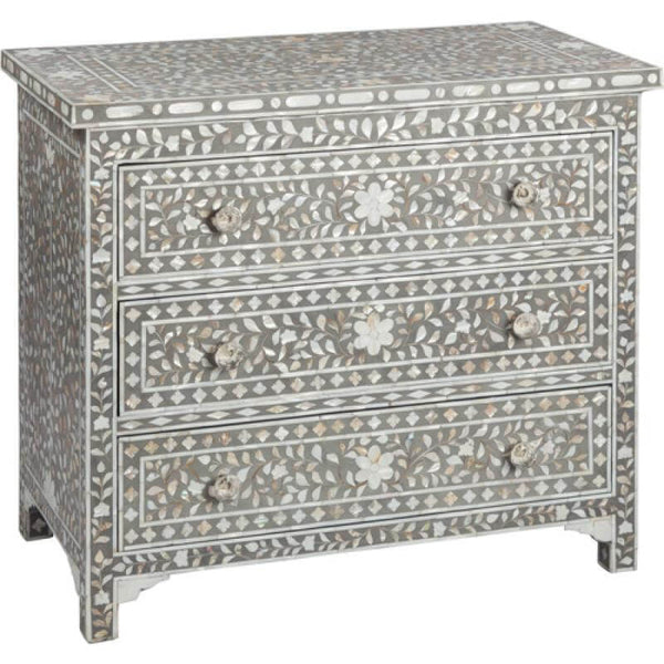 Grey Mother Of Pearl Inlay 3 Drawer Chest Floral