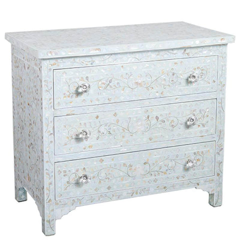 Pale Blue Mother Of Pearl Inlay 3 Drawer Chest Floral