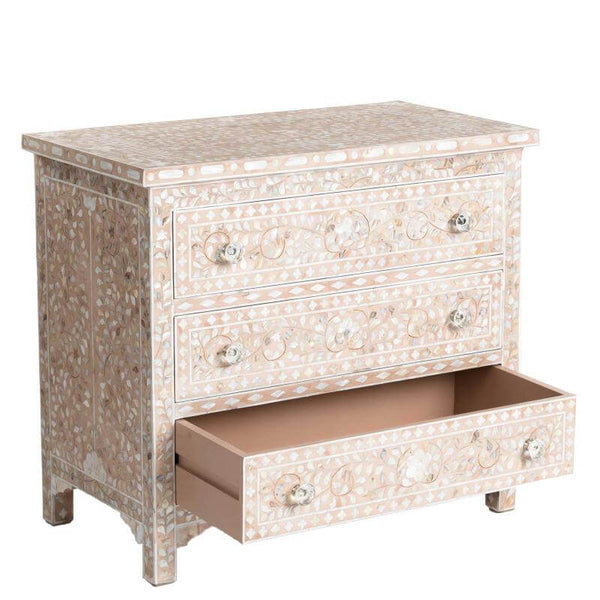 Pale Pink Mother Of Pearl Inlay 3 Drawer Chest Floral