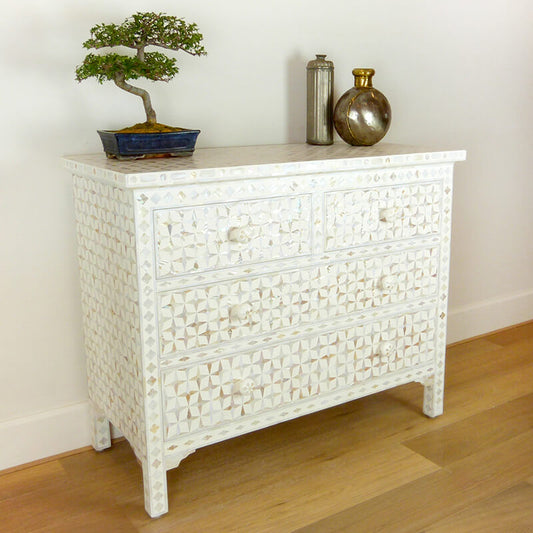 Mother Of Pearl Inlay 4 Drawer Star Chest White