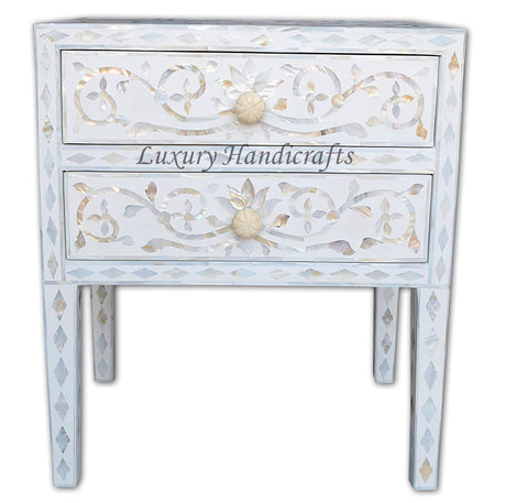 Mother Of Pearl Inlay Bedside 2 Drawer Lotus Design White