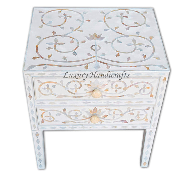 Mother Of Pearl Inlay Bedside 2 Drawer Lotus Design White