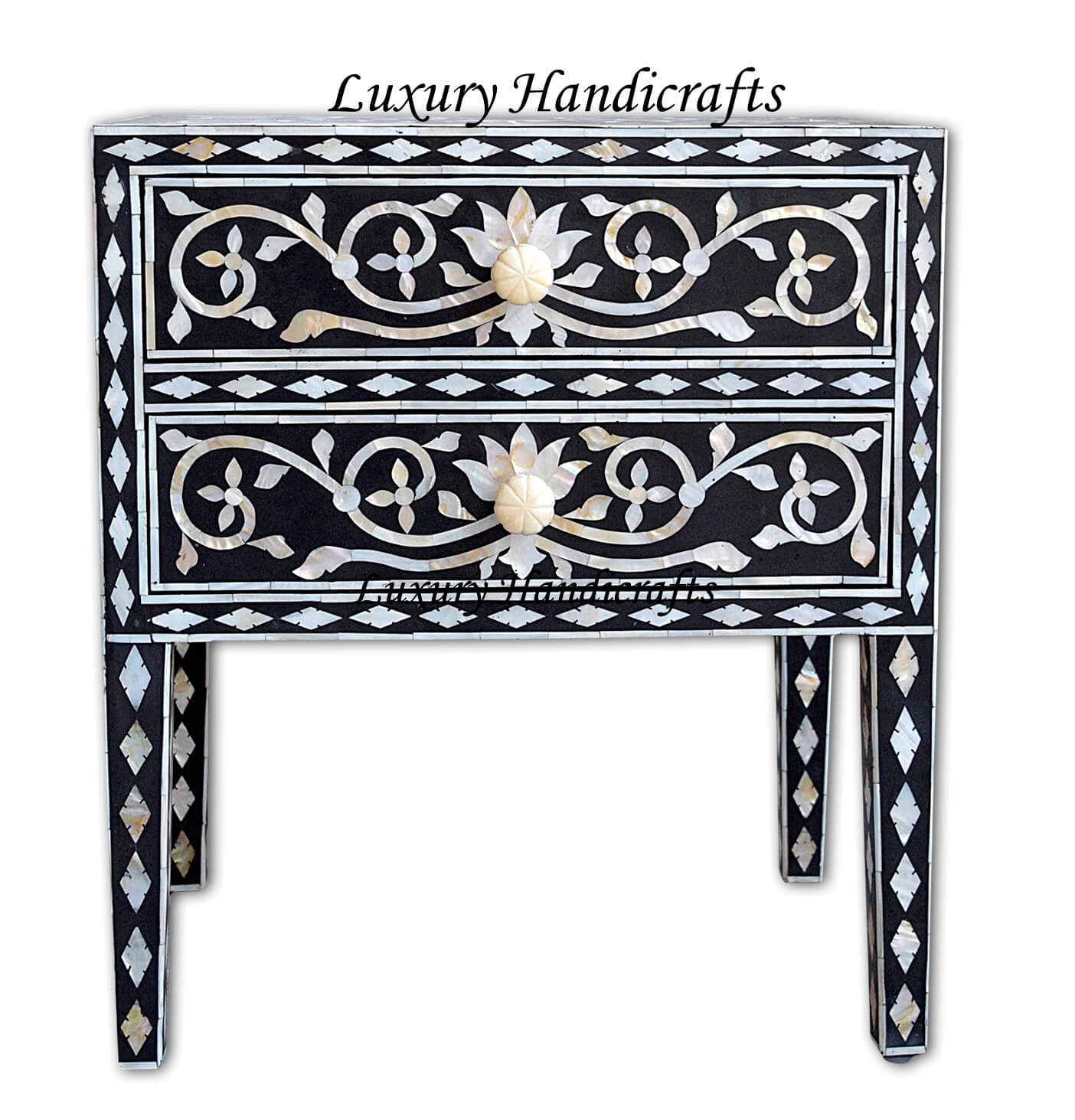 Mother Of Pearl Inlay Bedside 2 Drawer Lotus Design